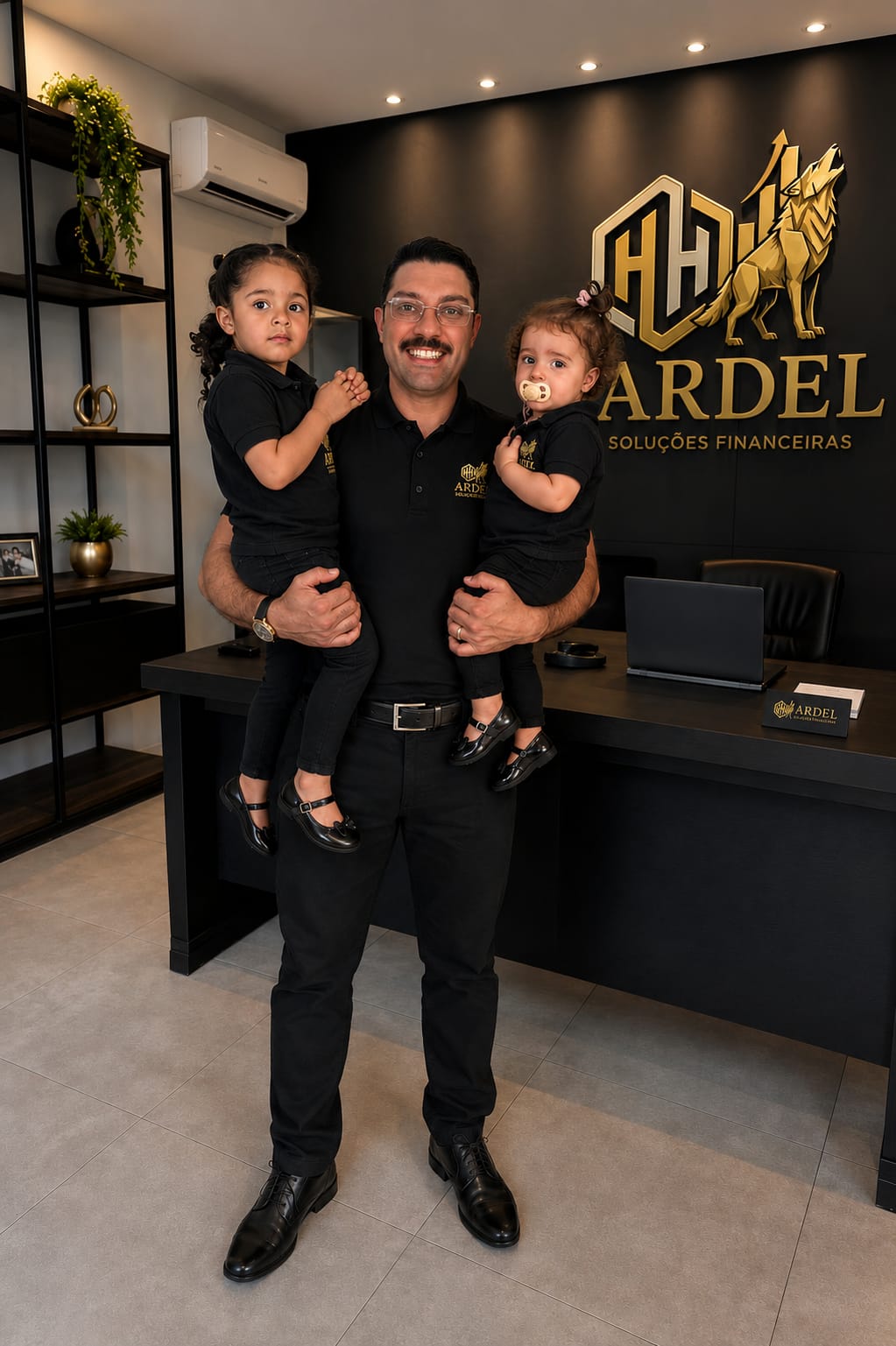 Equipe da HH Ardel Soluções Financeiras na recepção do escritório, com o logotipo dourado ao fundo